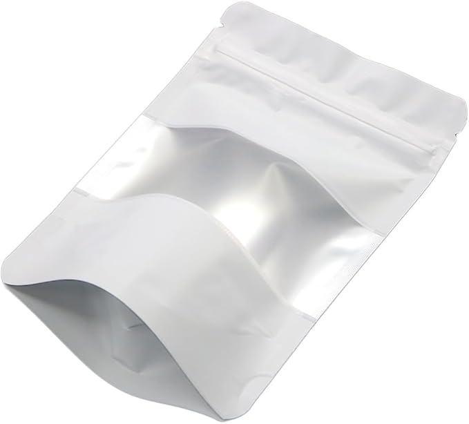 4CP 100 Pcs White Zipper Smell Proof Bags with Window, 6.3x9.5 Inch Stand Up Foil Pouches for Food Selfsealing Storage, Reusable Bag for Packaging Small Business, Cookies, Nunt, Candy