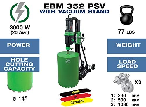 CS Unitec | EBM 352/3 PSV | Diamond Core Drill Motor with Vacuum & Anchor Stand for Reinforced Concrete. High Torque, 20 Amp, Drilling Capacity up to 14” Diameter (with Spacer) – Made in Germany