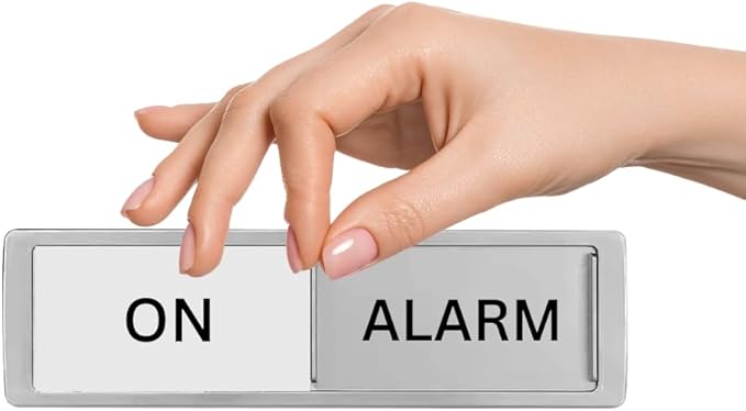 Alarm On/Off Sign, Sliders, Farmhouse Design, For Home or Office, Includes Magnet and Sticker Mounts, 7 x 2 Inches, Security System Status Indicator Tag (Pack of 2)