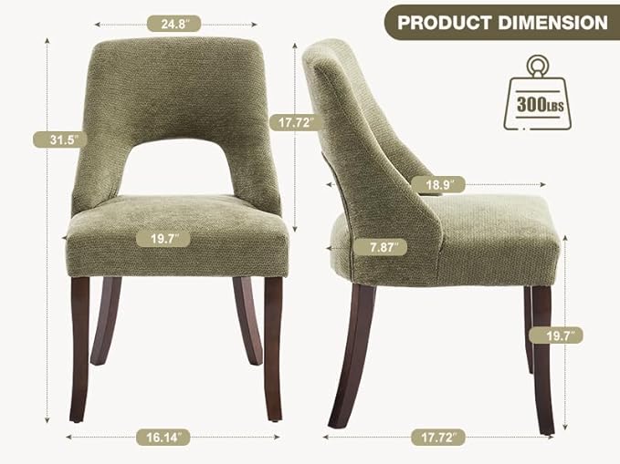 UVV Wooden Dining Chairs Set of 4, Mid Century Modern Chenille Upholstered Dining Room Chair Kitchen Chairs, Farmhouse Dinner Chair with Solid Wood Legs for Kitchen Dining Room, Green