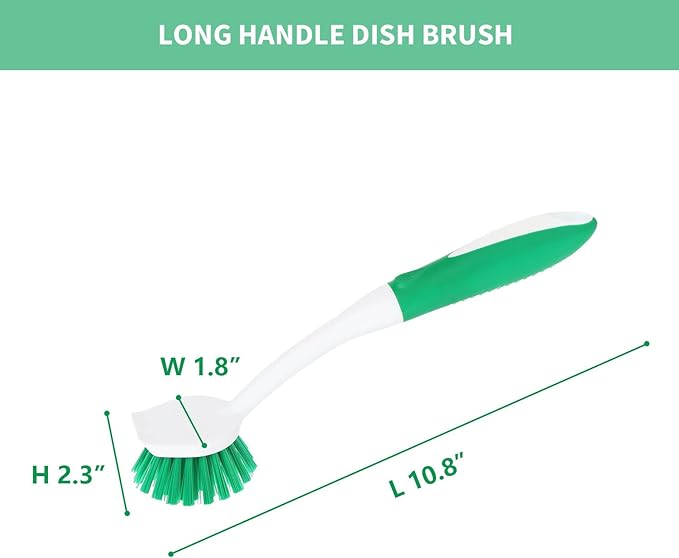 Dish Brush with Handle, 2 Pack Scrub Brushes with Built-in Scraper for Cleaning Kitchen, Pots, Pans and Sink, Scrubber Washing Tools, Green