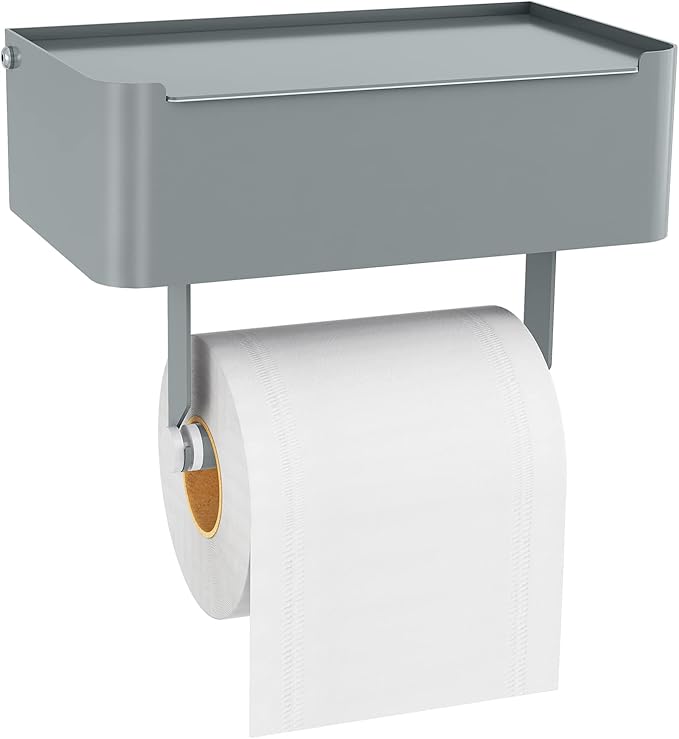 JUYSON Toilet Paper Holder with Shelf, Flushable Wipes Dispenser Fits for Bathroom Wipe Storage, Keep Your Wipes Hidden Out of Sight - SUS304 Stainless Steel Wall Mount Organizer (Grey)