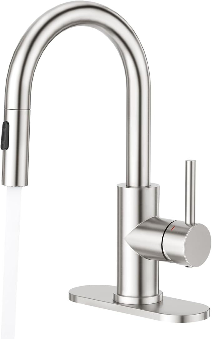 CREA Bathroom Faucet with Pull Out Sprayer,Brushed Nickel Single Handle Kitchen Bar Faucets for Mini Sink Pull Down Vanity Mixer Tap 2 Water Modes,cUPC/NSF