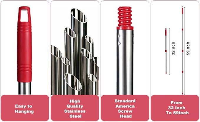 Spin Mop Replacement Handle - 4 Section Mop or Broom Handle/Stick Compatible with O Cedar Spin Mop Refills and Brooms, 30" to 59", American Threaded Joint End (Mop Head Not Included)