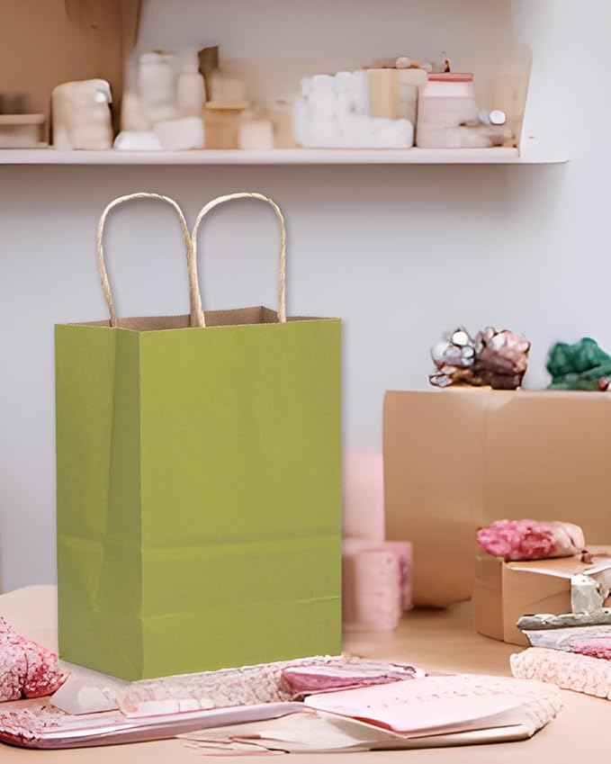 qiqee 32-Packs Forest Green Paper Gift Bags with Handles Bulk 8.26"×6"×3.15" Small Size Gift Bags Multiple Uses(Small Size)