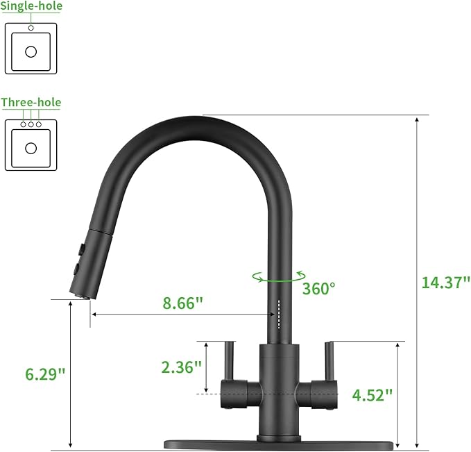 Kitchen Faucet, Two Handles Sink Faucet with Sprayer, Stainless Steel, Matte Black, PB1047