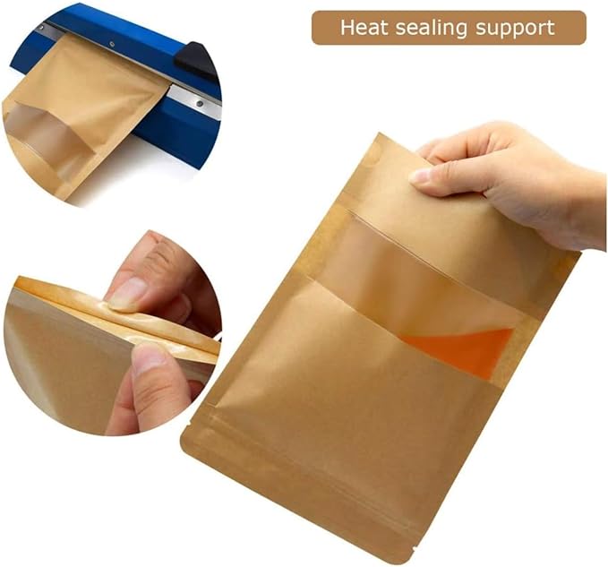 100 Pcs Kraft Paper Bags with Window, 3.5" x 5.54" Stand Up Pouches Bags, Food Storage Bags for Packaging Products, Reusable, Sealable
