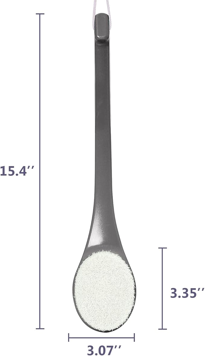 Bath Brush Long Handle for Shower, Soft Bristle Back Scrubber for Shower, Ergonomics Curved Long Handle Back Brush Exfoliating Body Scrubber with Hook and Lanyard-Grey