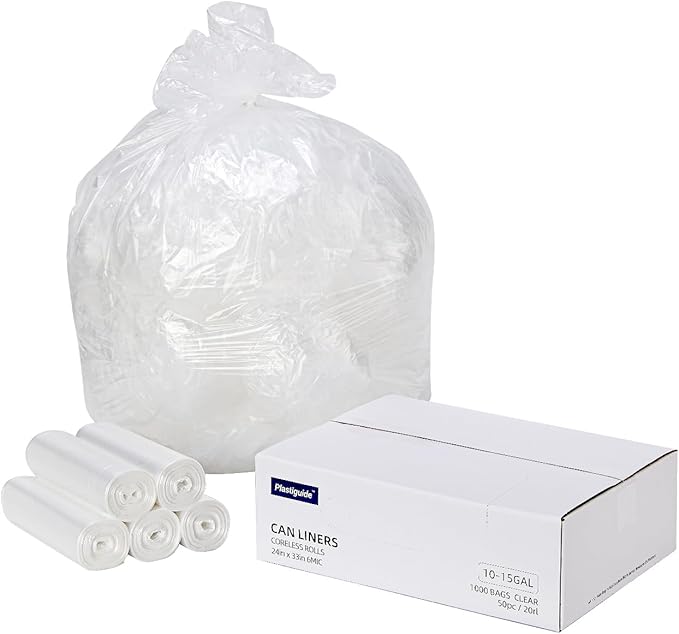 Clear Trash Can Liners, 10-15 Gallon, 24'' x 33'', Wholesale 1000 Count, High Density Garbage Bags for Bathroom, Office, Commercial and Industrial Use