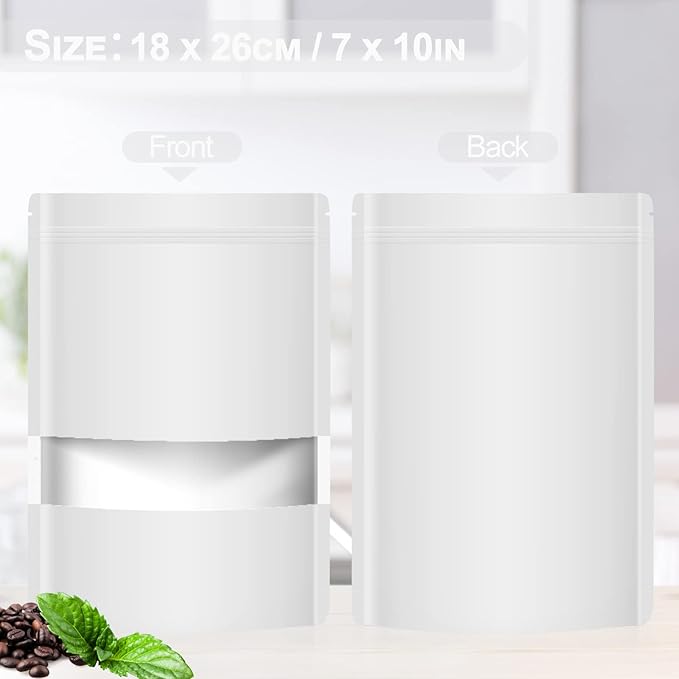 100 Pack Smell Mylar Proof Bags for Food Storage, Resealable Packaging Bag for Small Business, Stand Up Foil Pouches Reusable Heat Sealable Bags with Clear Window (White, 7.0x10.2 In)