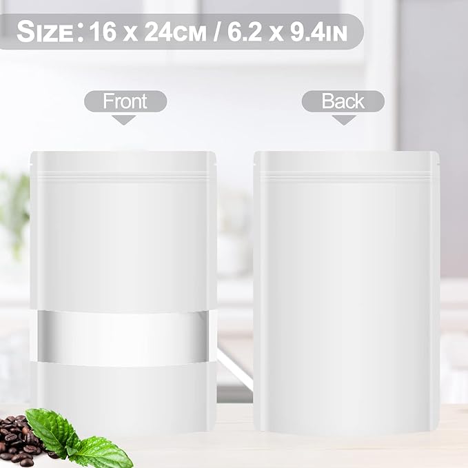 100 Pack Smell Mylar Proof Bags for Food Storage, Resealable Packaging Bags for Small Business, Stand Up Foil Pouches Reusable Heat Sealable Bags with Clear Window (White, 6.3x9.4 In)