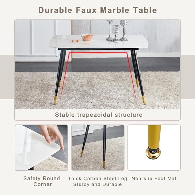 50" White Modern Sintered Stone Dining Table Set for 4 Faux Marble Dining Table with 4 Upholstered PU Leather Chair Dining Room Table Set(1White Table+4Gray Chairs)