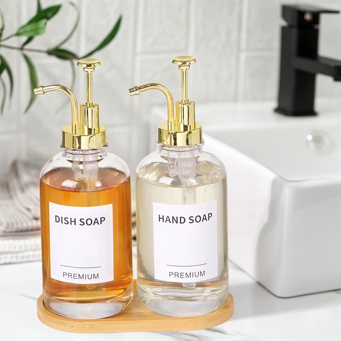 Dish Soap Dispenser for Kitchen, Hand Glass Soap Dispenser Set with Pump, Tray, Funnel for Bathroom, Shower, Laundry, Liquid, Lotion (Gold 2 Pack 18 Oz Clear Bottles with 12 Stickers)