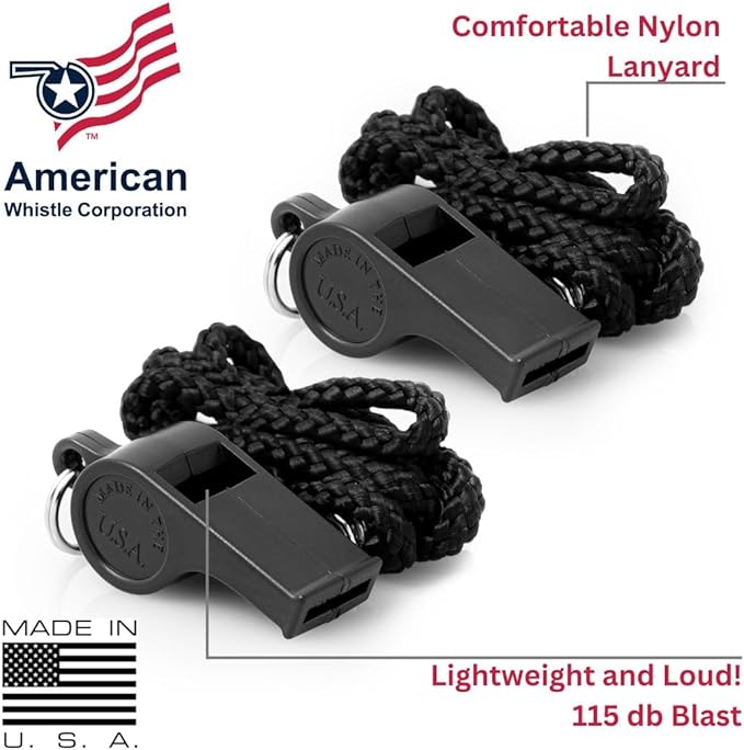 American Whistle Corporation Patriot 2-Pack - 115 db Plastic Whistles with Lanyards - Made in USA (Black)