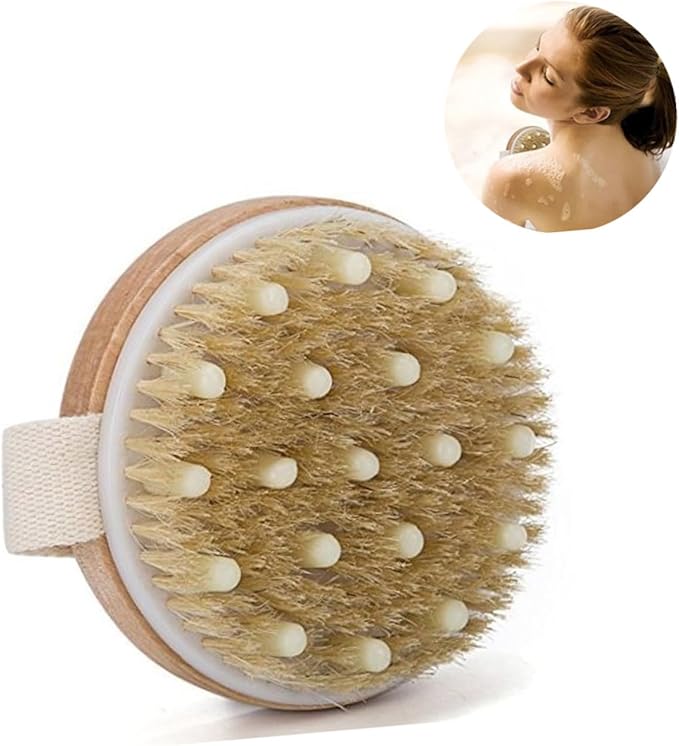 Exfoliating Bath Brush with Natural Bristles and Hand Strap Medium Stiffness Shower Scrubber for Dead Skin Removal Massage and Stimulation Body Brush for Feet Knees and Legs