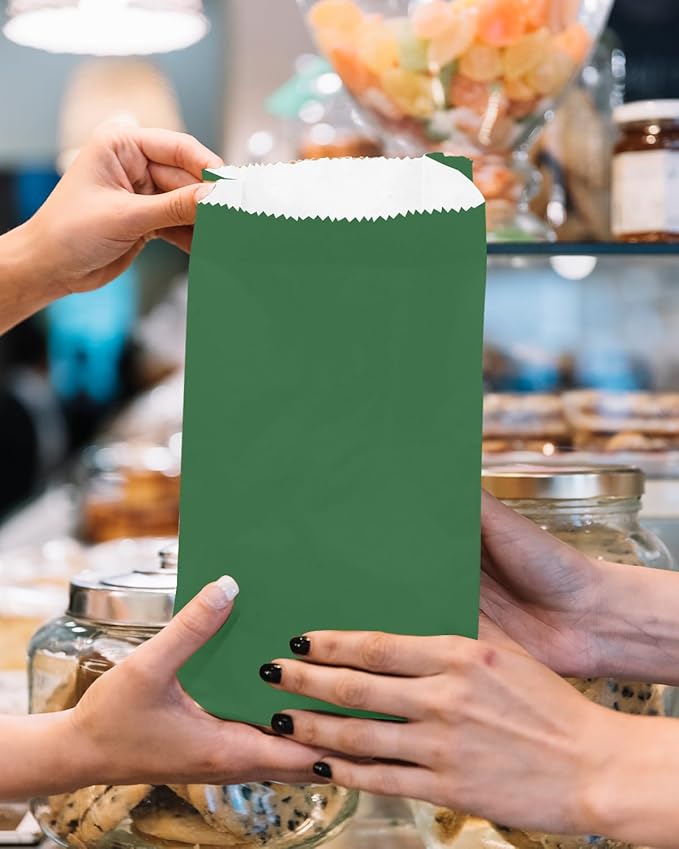 Bakepacker 100 Pcs Deep Green Treat Paper Bags with 100 Stickers 5.1"x3.1"x9.4" Brown Kraft Small Party Gift Bag Snack Bag without Handle
