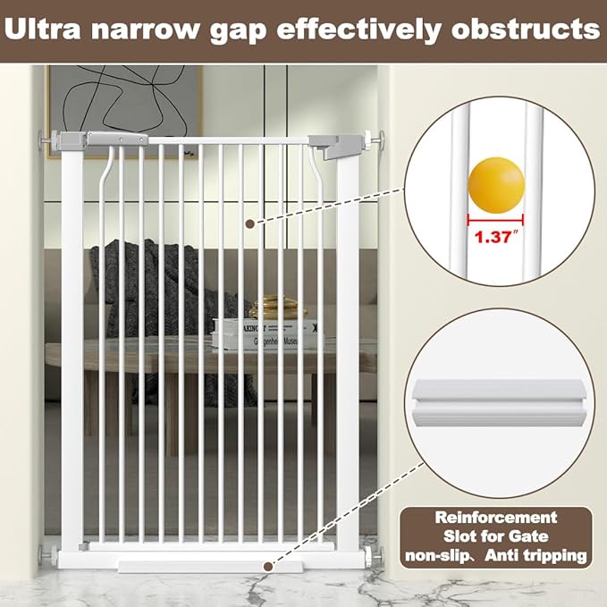 41" Extra Tall Baby Gate for Doorway, 29.6-40.5'' Metal Pet Baby Safe Gate, Extra Wide Pressure Mounted Child Door with Expansion Kit, No Drilling Cat Fence Indoor, No Climb Cat Proof Gate, White