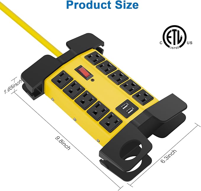 CCCEI Heavy Duty Power Strip with USB Ports, Garage 15 Outlets Surge Protector 2700 Joules, Industrial Workshop Metal 15Amp Multiple Outlets, 10 FT Extension Cord and Wide Spaced Yellow.