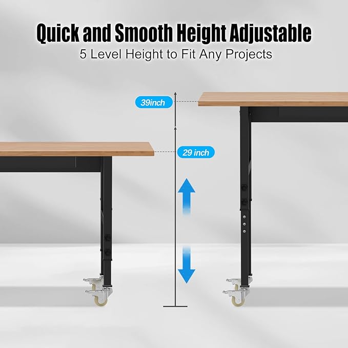48β Heavy-Duty Solid Wood Work Bench Work Table with Wheels, Adjustable Height Portable Workbench with Power Outlets, 3000 Lbs Capacity Workstation for Garage, Workshop, Office