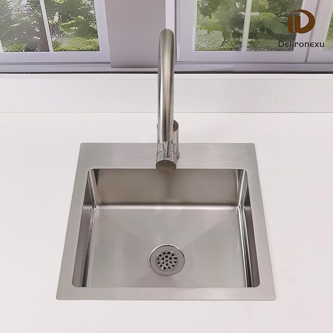 15 Inch Drop In Bar Sink – Delironexu 18 Gauge Stainless Steel Small Kitchen sinks & Small Bar Sink, 15"x15" Wet bar sink with 2" Drain Hole, Brushed Finish, Ideal for RV, Prep, and Outdoor Use
