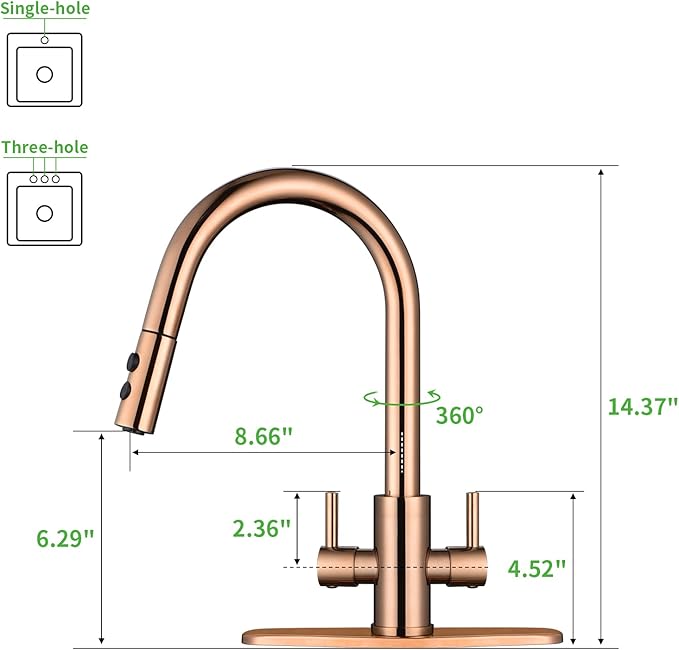 Kitchen Faucet, Two Handles Sink Faucet with Sprayer, Stainless Steel, Copper Rose Gold, PB1048