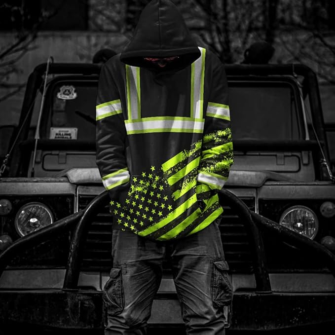 Color US Flag High Visibility Hoodie for Men Women Reflective Tapes Safety Workwear for Worker Runner Patriotic