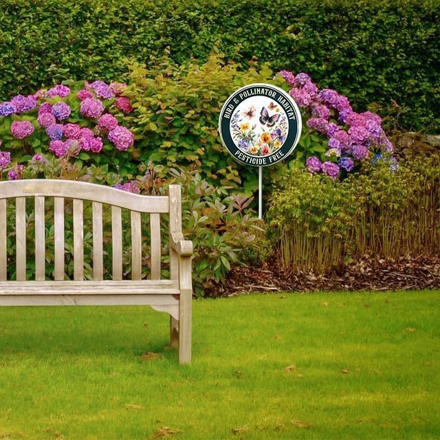 Bidesign Round (9.2X9.2) IN Bird And Pollinator Habitat Pestiside Free Yard Sign with Stake Rustproof Aluminum Butterfly Lawn Signs Stand for Home Garden Yard Decorations Outdoor