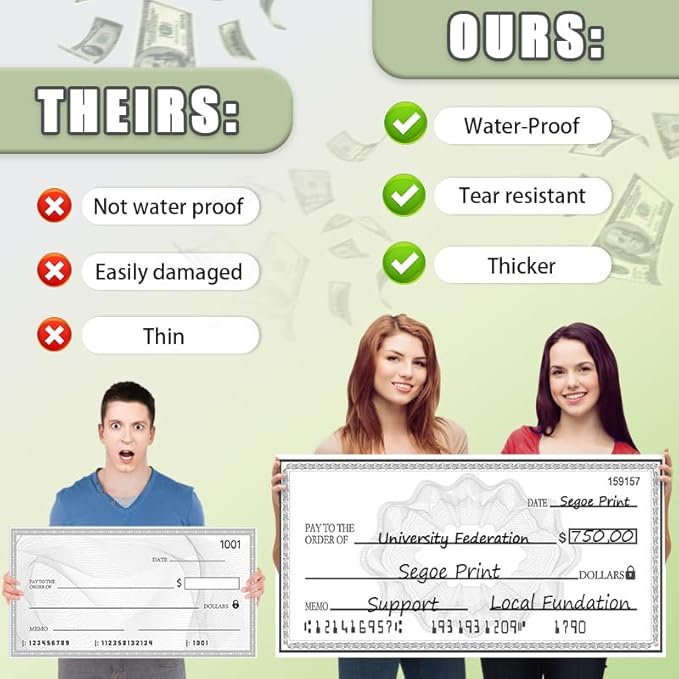 Big Check Giant Check | 40x16 Inch Double-Sided Reusable Donation Sign for Presentations & Social Media | Oversized Paper-Based Check Prop (Blue/Black)