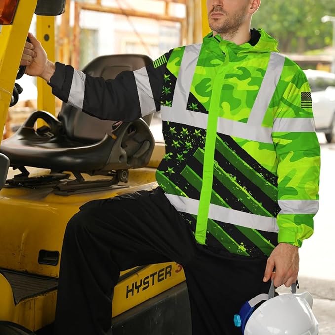 Color US Flag High Visibility Hoodie for Men Women Reflective Tapes Safety Workwear for Worker Runner Patriotic