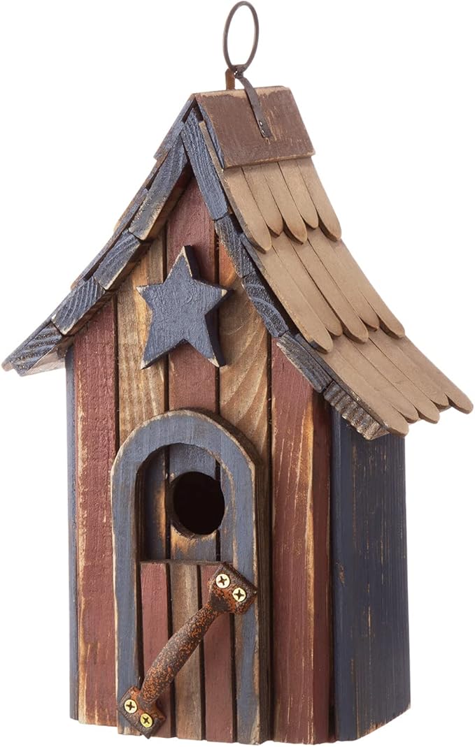 Glitzhome Bluebird House for Outside, Patriotic USA Wooden Hanging Birdhouse Hummingbird House Garden Outdoors Bird House with Door Handle for Hummingbird,Sparrow,Wren Finch,Cedar - 11.75 Inch Height