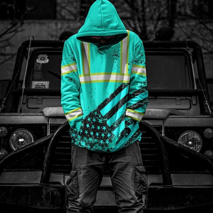 Color US Flag High Visibility Hoodie for Men Women Reflective Tapes Safety Workwear for Worker Runner Patriotic