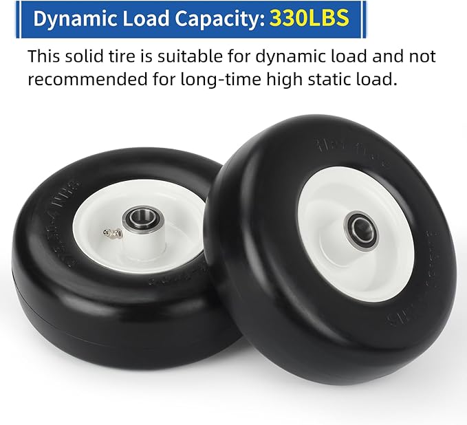 9x3.50-4 Flat Free Lawn Mower Tire and Wheel, Smooth Tread Tire for Zero Turn Mowers, Bearing Bore 3/4" & 5/8", Centered Hub Length 3.5"-4"-4.5"-5", 2 PCS