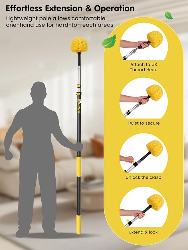 5-to-12 Foot Cobweb Duster with Extension Pole, Opow 20 Ft High Reach and 2 Replaceable Cleaning Washable Spider Web Brush Heads and Universal Joint Angle Adaptor Heavy Duty for Indoor & Outdoor Use