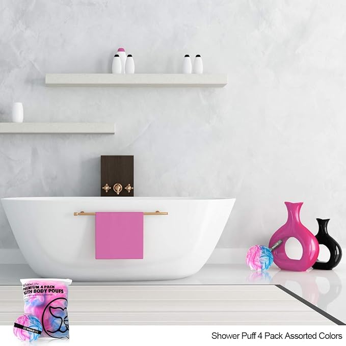 Loofah Sponge Bath Sponge for Women Men 4 Pack (Blue Pink Conbine)