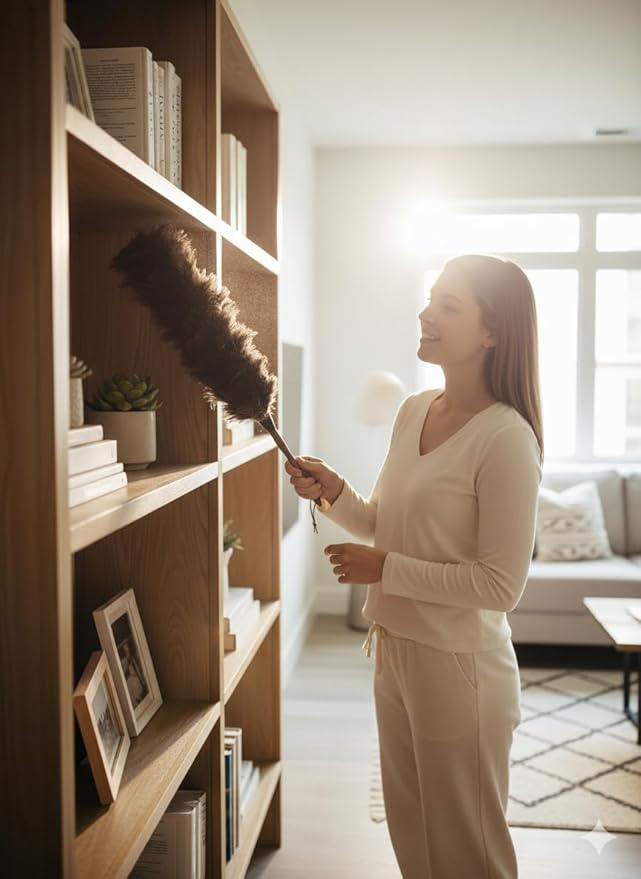 28-29" Natural Ostrich Feather Duster with Long Wooden Handle - Eco-Friendly & Reusable for Cleaning and Dusting
