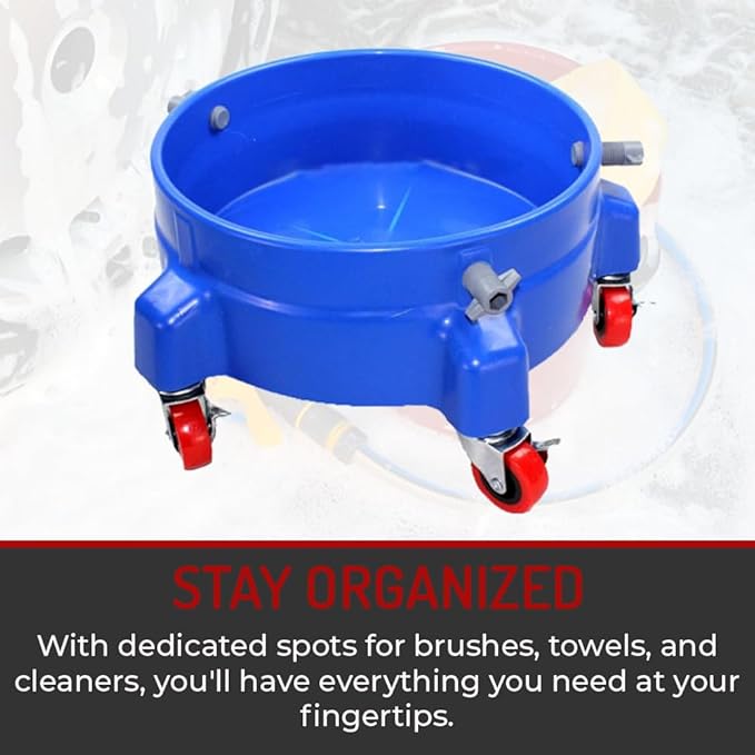 Heavy Duty Car Wash Bucket Dolly with 360° Swivel Casters | Fits 3.5–7 Gallon Buckets | 300 lb Capacity | Soap Holder | Rolling Pail Stand for Auto Detailing |Black