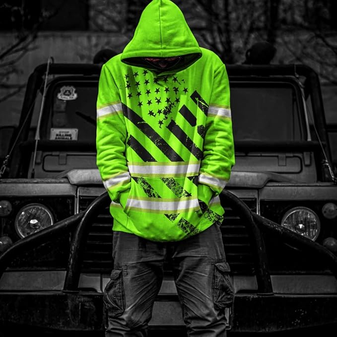 Color US Flag High Visibility Hoodie for Men Women Reflective Tapes Safety Workwear for Worker Runner Patriotic