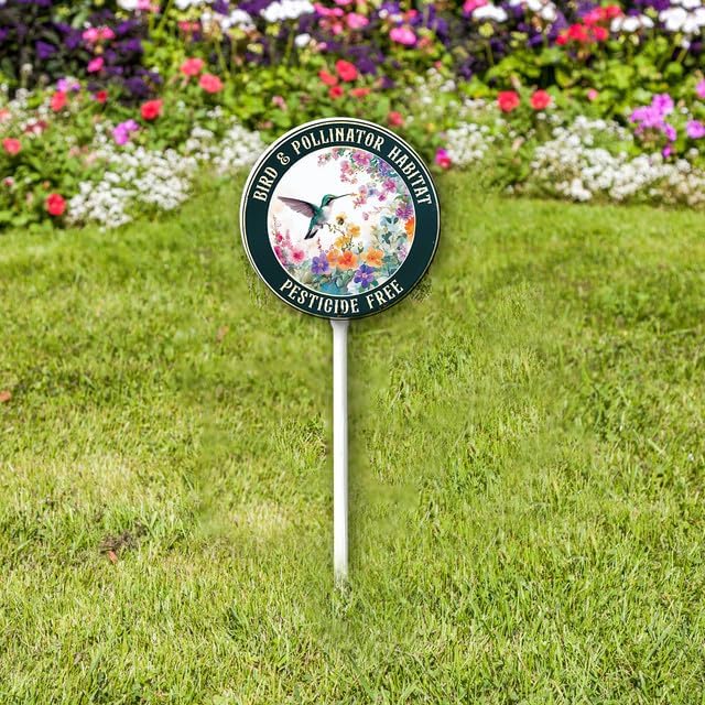 Bidesign Round (9.2X9.2) IN Bird And Pollinator Habitat Pestiside Free Yard Sign with Stake Rustproof Aluminum Hummingbird Lawn Signs Stand for Home Garden Yard Decorations Outdoor