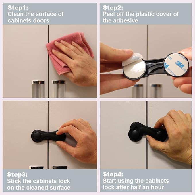Cabinet Locks for Babies and Child Safety, 4 Pack Childproof Latches with Adhesive for Drawer Cupboards Closet and Pantry Door, Baby Proofing Fridge Lock for Protecting Kids Toddlers and Infants