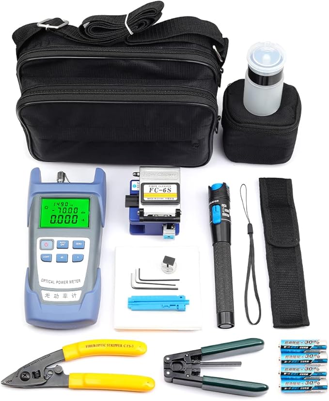 FTTH Fiber Optic Cold Connection Assembly Termination Tools Kit Bag with Visual Fault Locator Fiber Cleaver SC FC Connector Optical Power Meter Finder Cable Tester Stripper Tool Dust Free Paper