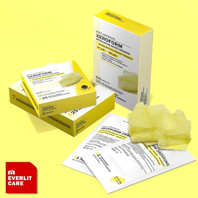 EVERLIT Xeroform Petrolatum Dressing | Sterile, Non-Adherent Occlusive Fine Mesh Gauze Pad | Non-Toxic, Gentle Patch for Burns, Laceration, Surgical Incisions & Skin Grafts (5" x 9" | Pack of 25)