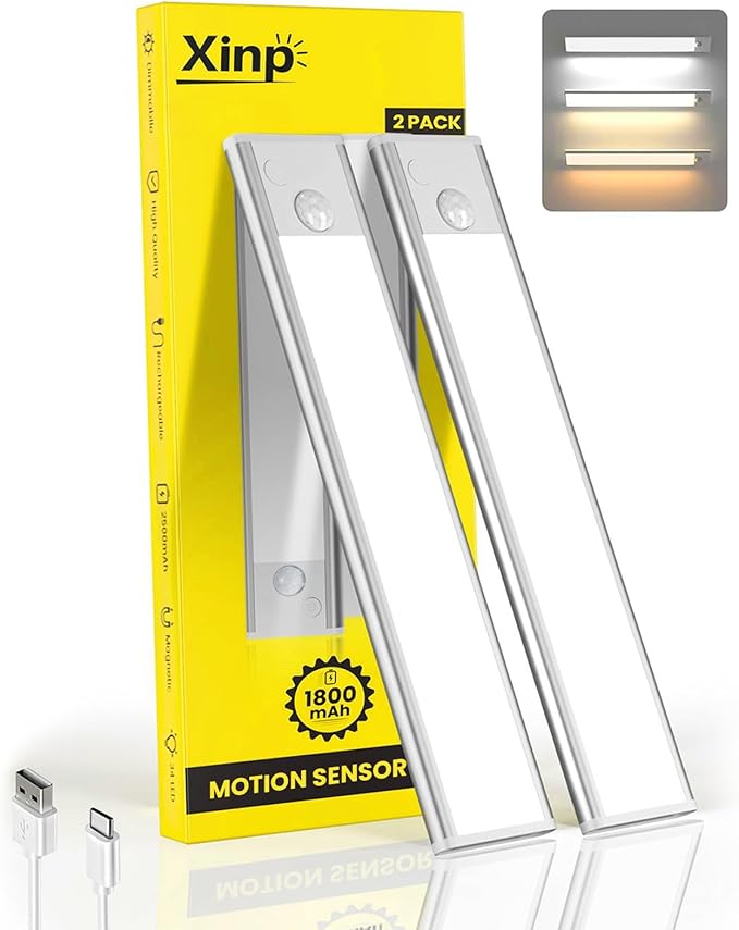 Under Cabinet Lighting, 3 Color Magnetic Motion Activated Under Cabinet Lights, Rechargeable Closet Lights 1800mAh Battery Operated, Wireless Dimmable Under Counter Lights for Kitchen,Hallway 2 Pack