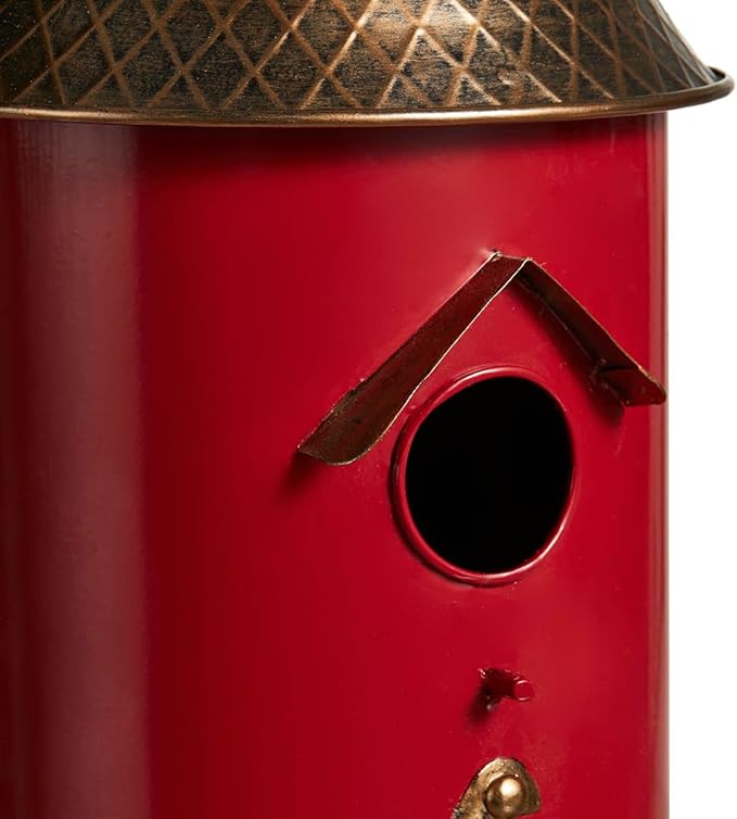 Glitzhome 24" H Metal Hanging Birdhouse for Outdoors, Farmhouse Pagoda Painted Decorative Bird House with Bell Roof for Bluebird Wren Chickadee Sparrow Bird Nest Box for Garden Patio, Retro Red