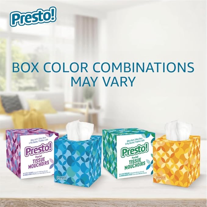 Amazon Brand - Presto! Ultra-Soft 3-Ply Premium Facial Tissues, 264 Count (8 Packs of 66), (Packaging May Vary)