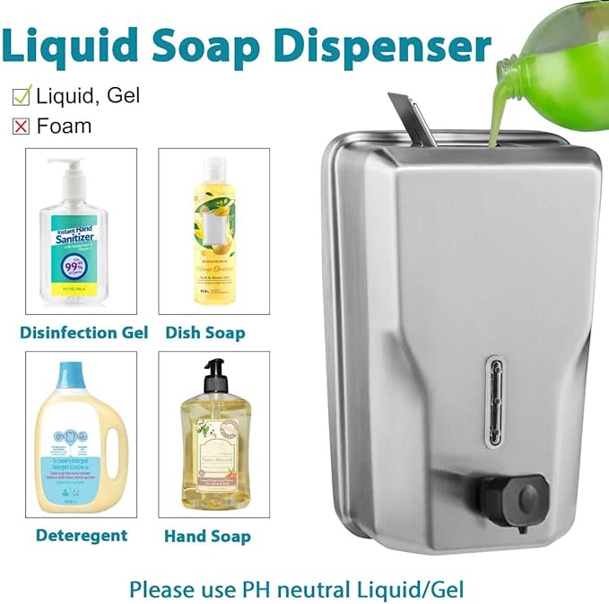 Commercial Stainless Steel Soap Dispenser β 47.3oz Large Capacity Wall Mount, Anti-Leak Pump, SUS304 Brushed Metal for High-Traffic Restrooms