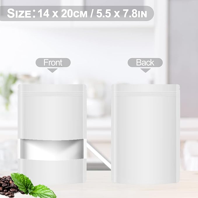 100 Pack Smell Mylar Proof Bags for Food Storage, Resealable Packaging Bag for Small Business, Stand Up Foil Pouches Reusable Heat Sealable Bags with Clear Window (White, 5.5x7.8 In)