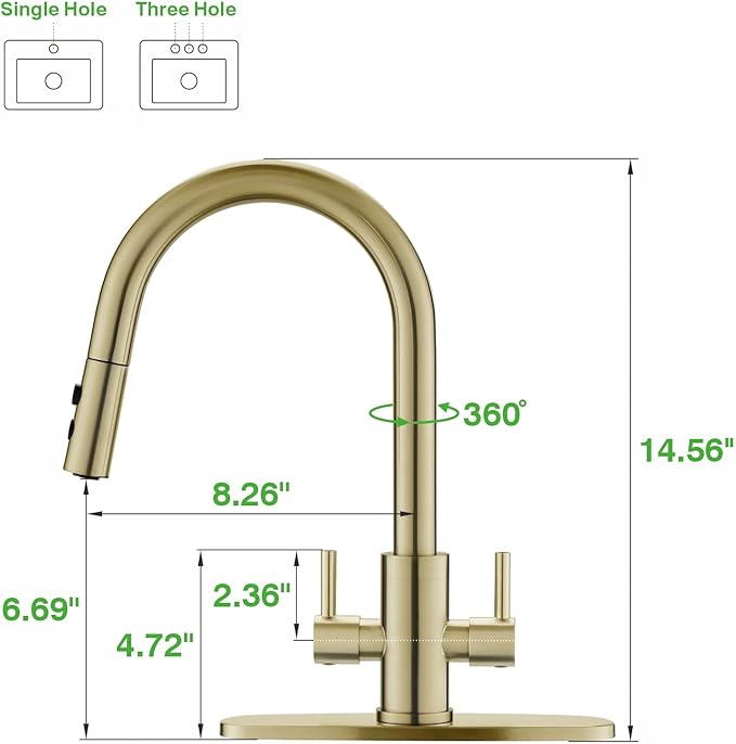 Kitchen Sink Faucet, 2 Handles Pull Down with Sprayer, Brushed Gold, PB1056