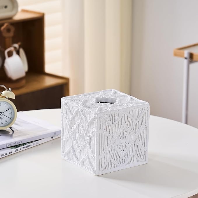 White Woven Macrame Boho Tissue Box Cover Square for Home Decor,Resin Heavy Woven Tissue Box Holder for Bathroom Kitchen Countertop,Bedroom, Vanity, Night Stand, Office Desk Top, Waterproof Durable