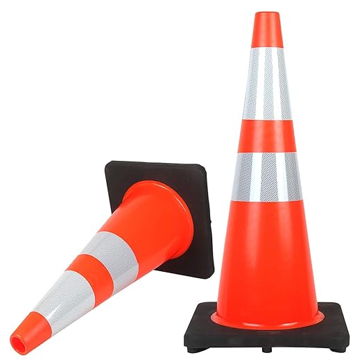 RELIANCER 4PCS 28" Traffic Cones PVC Safety Road Parking Cones with Black Weighted Base w/6"&4" Reflective Collars Fluorescent Orange Hazard Cones Construction Cones for Traffic or Home Improvement