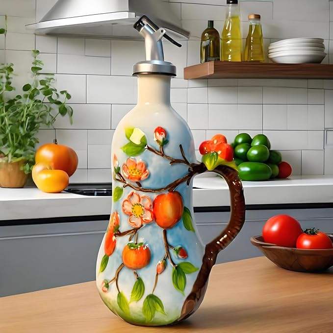 18 oz Hand-Painted Relief Ceramic Olive Oil Bottle Dispenser, with Handle Decorative Olive Oil Dispenser Bottle, for Kitchen Ceramic Oil Vinegar Bottle Seasoning Bottle with Stainless Steel Pour Spout